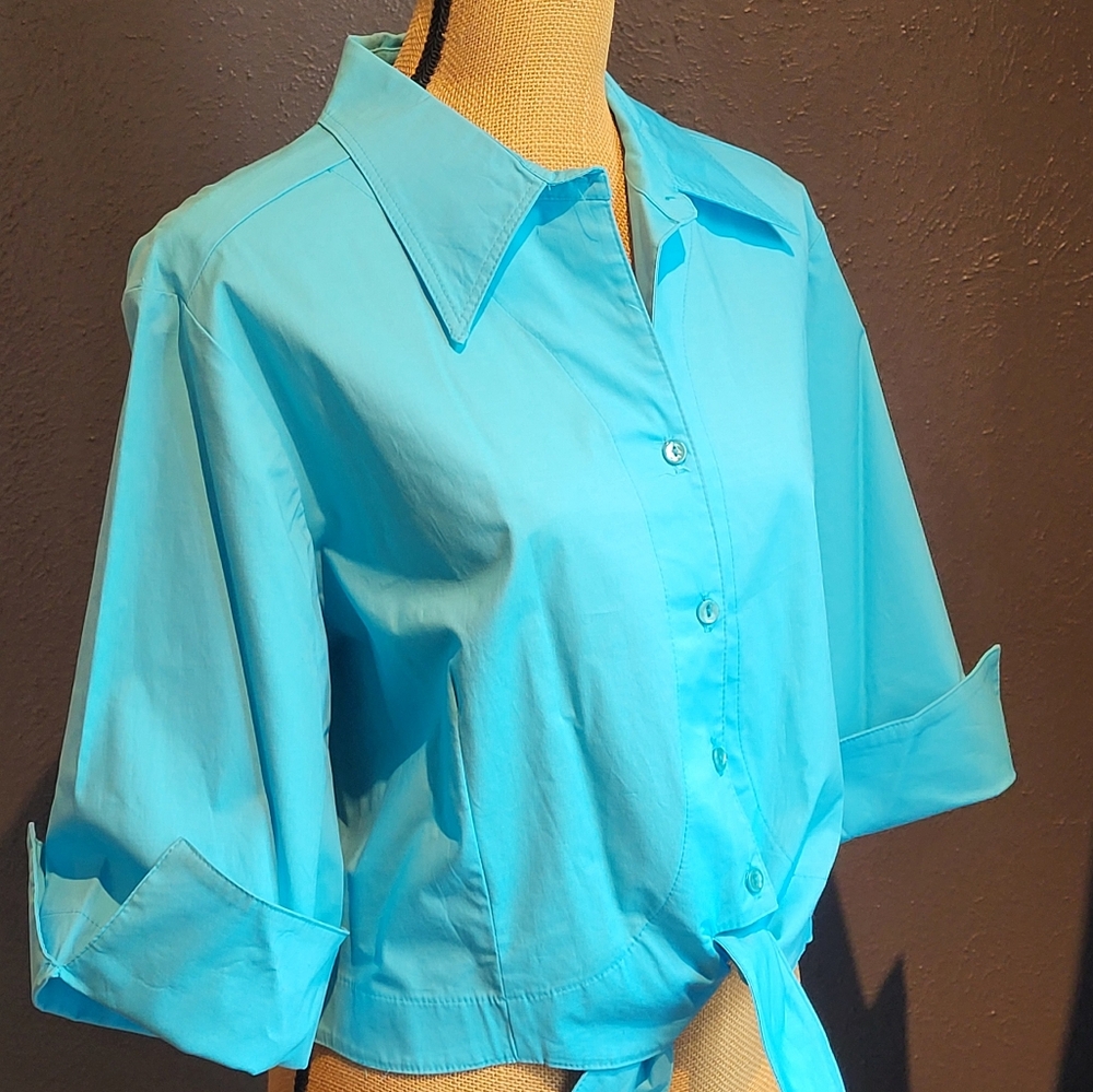 Cactus Flower Large Blue Cotton Tie Waist Top - Picture 5 of 8